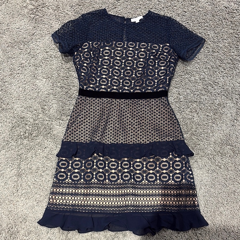 Chelsea28 Blue and Tan Tiered Ruffled Dress
